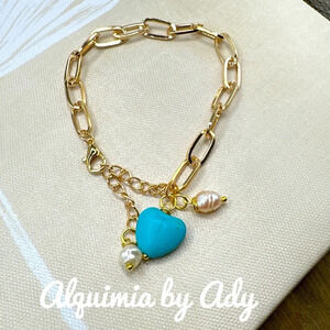 Turquoise heart pearls and gold curb link adjustable luxury bracelet stacking